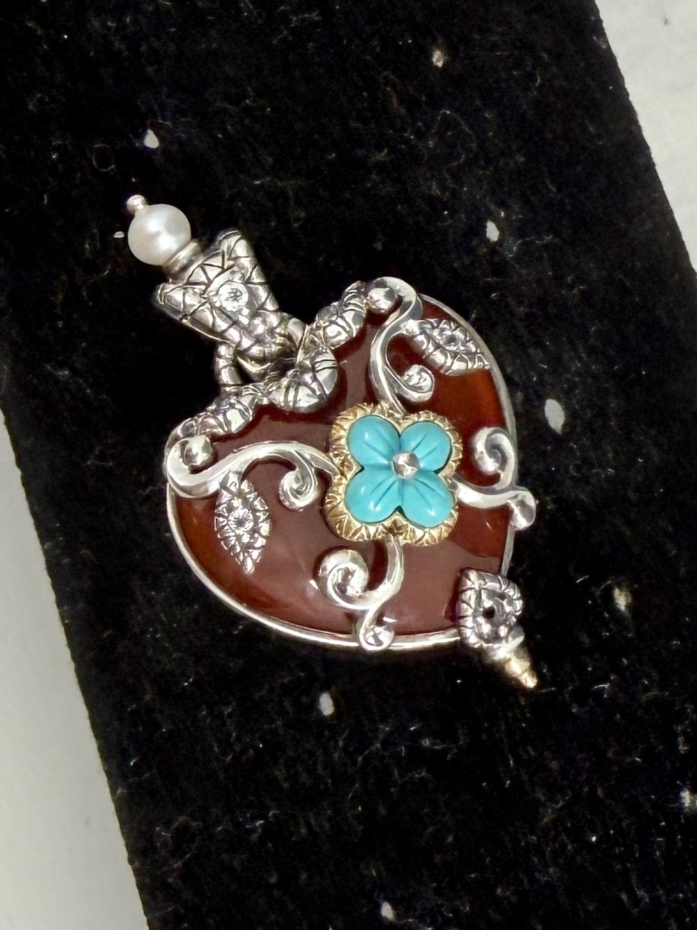 BARBARA BIXBY Sterling Silver 18K Yellow Gold Carnellian Turquoise Heart Pendant - Picture 2 of 13